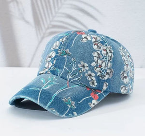 Flower Blossoms Denim Baseball Cap Hat