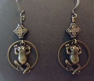 Frog Art Deco Gold Blue Bead Earrings