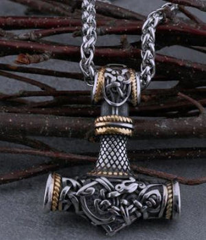 Thor's Hammer 2" Viking Stainless Steel Gold accent Necklace