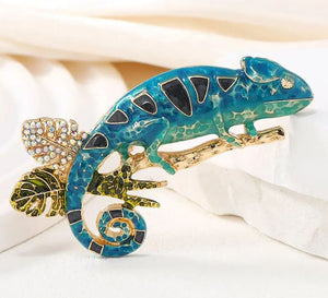 Chameleon Blue/Green Enamel w Rhinestones Brooch Pin
