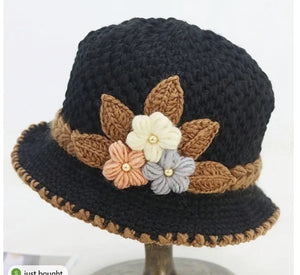Hat Warm Flower Knit Crochet Black