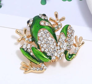 Frog Green Enamel White Rhinestone Brooch Pin