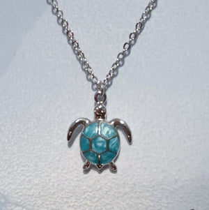 Turtle Sea Swirl Blue Glass Necklace Sterling Silver