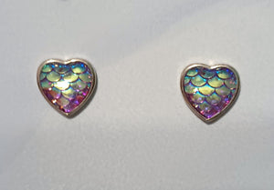 Heart Earrings Iridescent Fish Scales on Sterling Silver