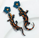 Lizard Acrylic Earrings Black Orange Flower Posts