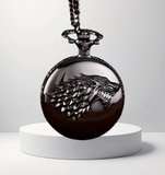 BKB Custom Gifts black alloy pocket watch featuring an embossed wolf head design on a matching chain