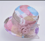 Ladies Flower Sun Hat Pink Sheer Bow Back