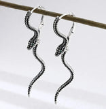 Snake Green Eyes Black Cubic Zirconia CZ Dangle Earrings Sterling Silver