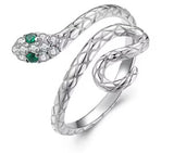 Snake White Zircon w Green Zircon Eyes Silver Ring