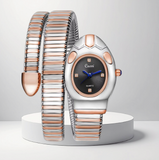 BKB Custom Gifts snake-style wrap watch in two-tone silver and rose gold stainless steel with a black dial.