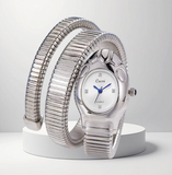 BKB Custom Gifts silver stainless steel snake wrap watch with a flexible coiled band and white dial