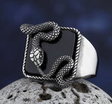 Snake on Black Stone Ring Stainless Steel