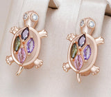 Cute Turtle Colorful Zirconia CZ Earrings Rose Gold Plated