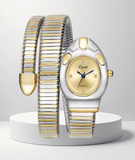 BKB Custom Gifts snake watch wrap bracelet in two-tone gold and silver stainless steel with a flexible band