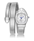 BKB Custom Gifts silver stainless steel snake wrap watch with a flexible coiled band and blue hands
