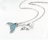 Whale Tail Mermaid Tail Necklace Blue Crystals Shell Pearl Sterling Silver