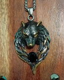 Wolf Head Necklace w Black Stone Beautiful Stainless Steel