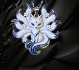 BKB Custom Gifts nine-tailed fox enamel pendant necklace featuring white and iridescent blue details on silver chain