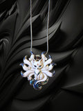 BKB Custom Gifts nine-tailed fox enamel pendant necklace with white and iridescent blue details on a silver chain