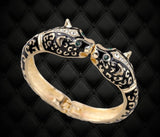 BKB Custom Gifts panther double head bangle bracelet in black enamel with gold accents and crystal embellishments.
