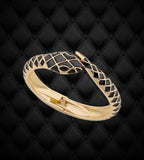 BKB Custom Gifts snake wrap bangle bracelet in goldtone metal with black enamel scales and a hinged clasp