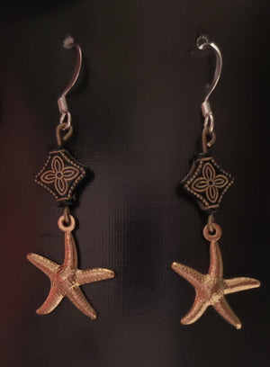 Starfish with blue/gold bead Drop Earrings, Stainless Hooks