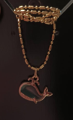 Stained glass Whales Necklace, stainless steel goldtone beadchain. Great for whale lovers, Beach, ocean jewelry
