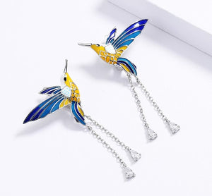 Birds Flying w Crystal Drops Earrings