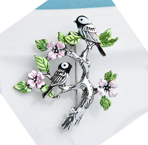 Black Capped Chickadees on Pink Flower Branch Enamel Brooch Bird