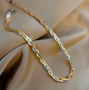 Herringbone Braided 3 Tone Necklace Stainless Steel