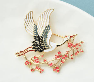 Crane flying with Red Flower Branch Brooch Bird