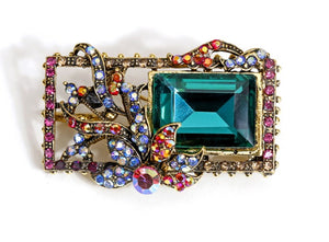 Ornate Art Nouveau Colorful Rhinestones Brooch Pin