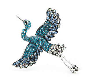 Blue Heron Flying Rhinestone Brooch Bird