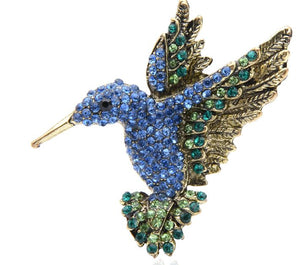 Hummingbird Blue Rhinestone Brooch Bird