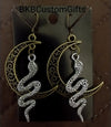Snake on Ornate Bronze Crescent Moon Earrings