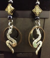Snake w bronze brass rings and gold blue diamond beads Earrings