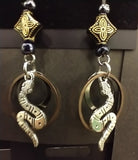 Snake w bronze brass rings and gold blue diamond beads Earrings