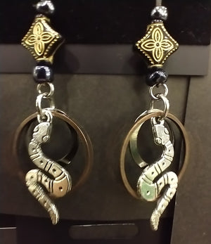Snake w bronze brass rings and gold blue diamond beads Earrings
