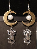 Frog Brass Moon White Pear Earrings