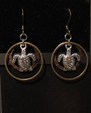 Turtle Sea w Brass Copper Circles Earrings