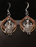 Turtle w Brass Circle Hammered Copper Earrings