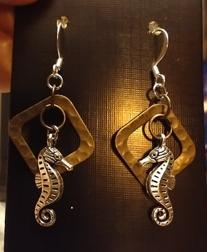 Sea Horses Copper Square Earrings