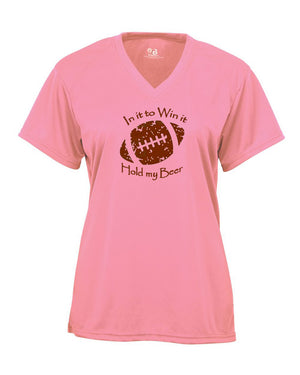 In It To Win It Football Ladies Pink V-Neck T-Shirt