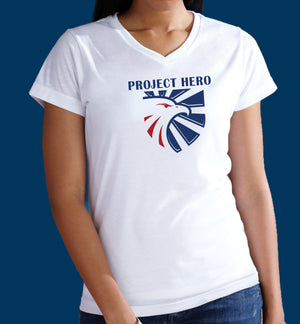 Project Hero Eagle Crest Ladies White V-Neck Performance T-Shirt
