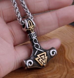 Oden Runes Hammer Viking Stainless Steel Gold accent Necklace
