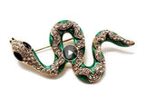 Snake Green Enamel White Rhinestones Brooch Pin Sm