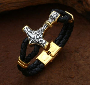 Thor's Hammer Goldtones Stainless Steel and Woven Men's Bracelet