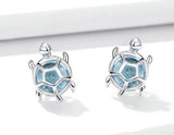 Turtle Silver w Blue Glass Earrings Sterling Silver