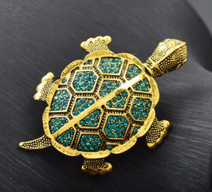 Turtle Green Rhinestones goldtone metal Brooch Lg