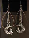 Cat on Moon Art Deco Drop Earrings